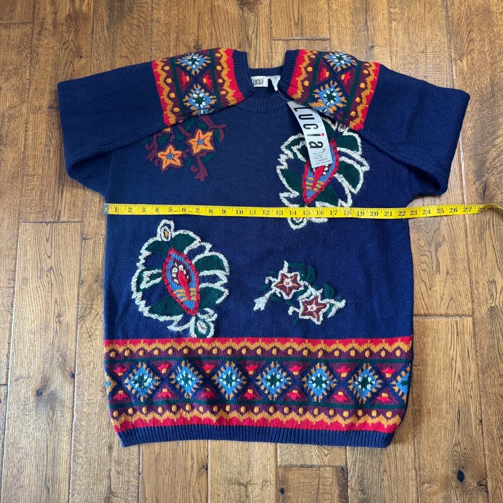 90’s Vintage Lucia Women’s XL Sweater Floral Hand Knitted Geo Tribal Festive - Picture 3 of 5